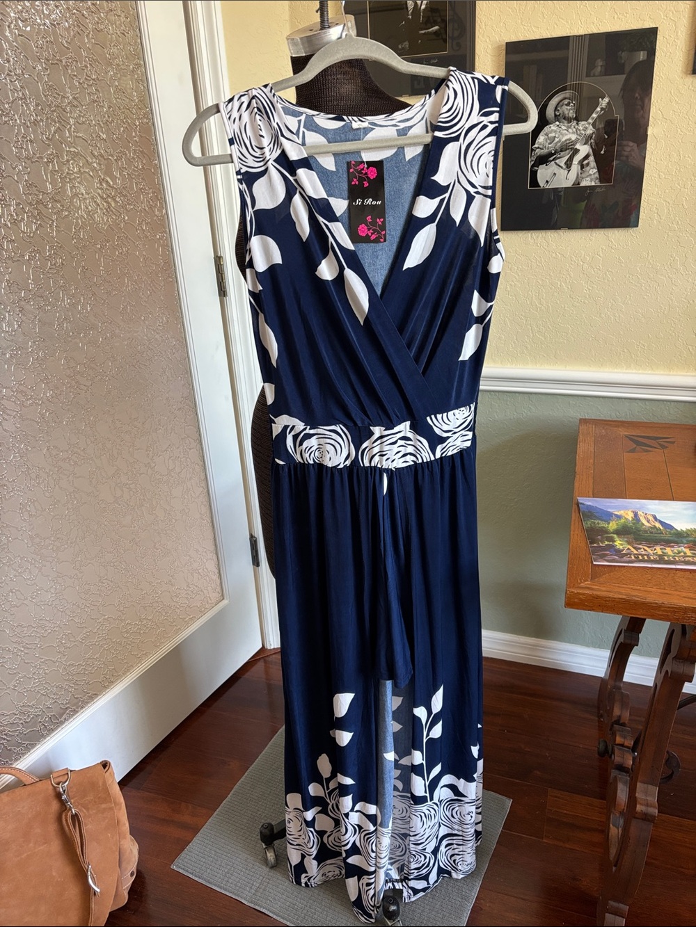 Sleeveless Navy Blue & White Floral Wrap Maxi Dress with attached shorts M/L NWT